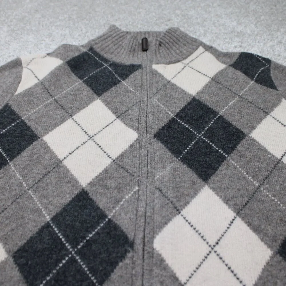 J Crew Lambswool‎ Sweater Mens Large Gray/Blue Argyle Full Zip L/S Sweatshirt